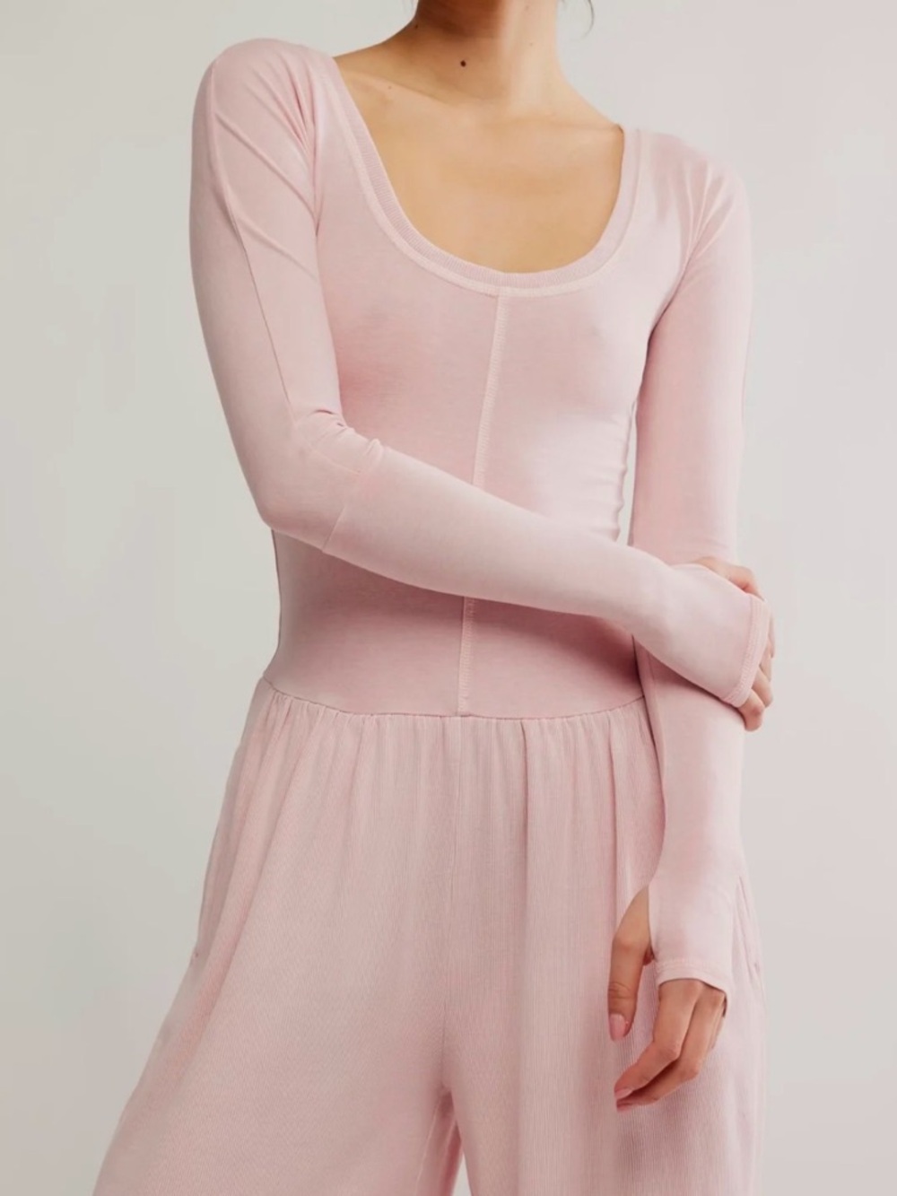 FP Movement by Free People Pale Pink Long-Sleeve Scoop Neck Jumpsuit